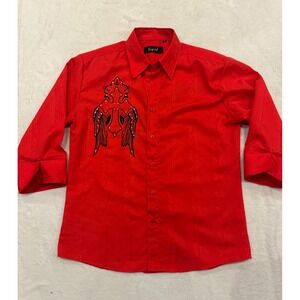 Liquid Mens Red Jacquard Button Down Shirt Cross Wings Rhinestones Y2K XL